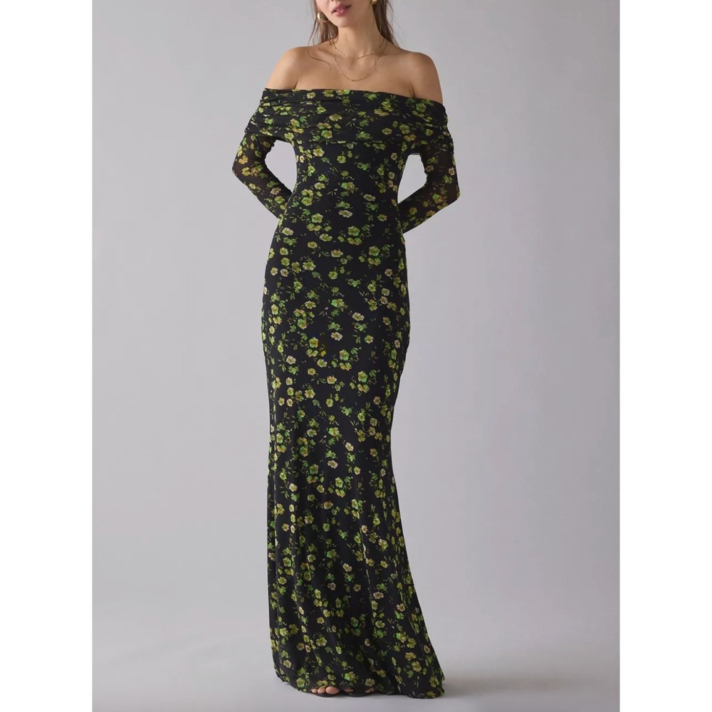 AFRM x ANTHROPOLOGIE Thelma Mesh Off-The-Shoulder Long Sleeve Maxi Dress